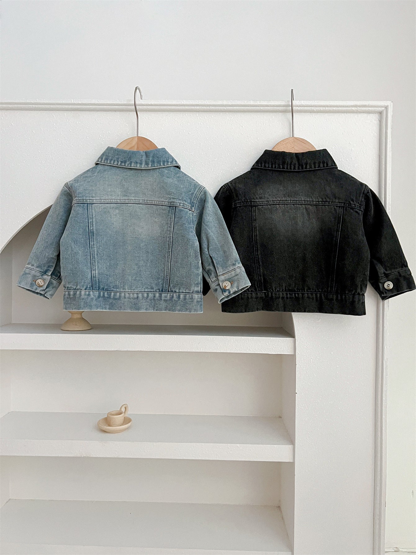 Baby Kids Button Front Design Washed Style Turndown Collar Denim Jacket Coat-3