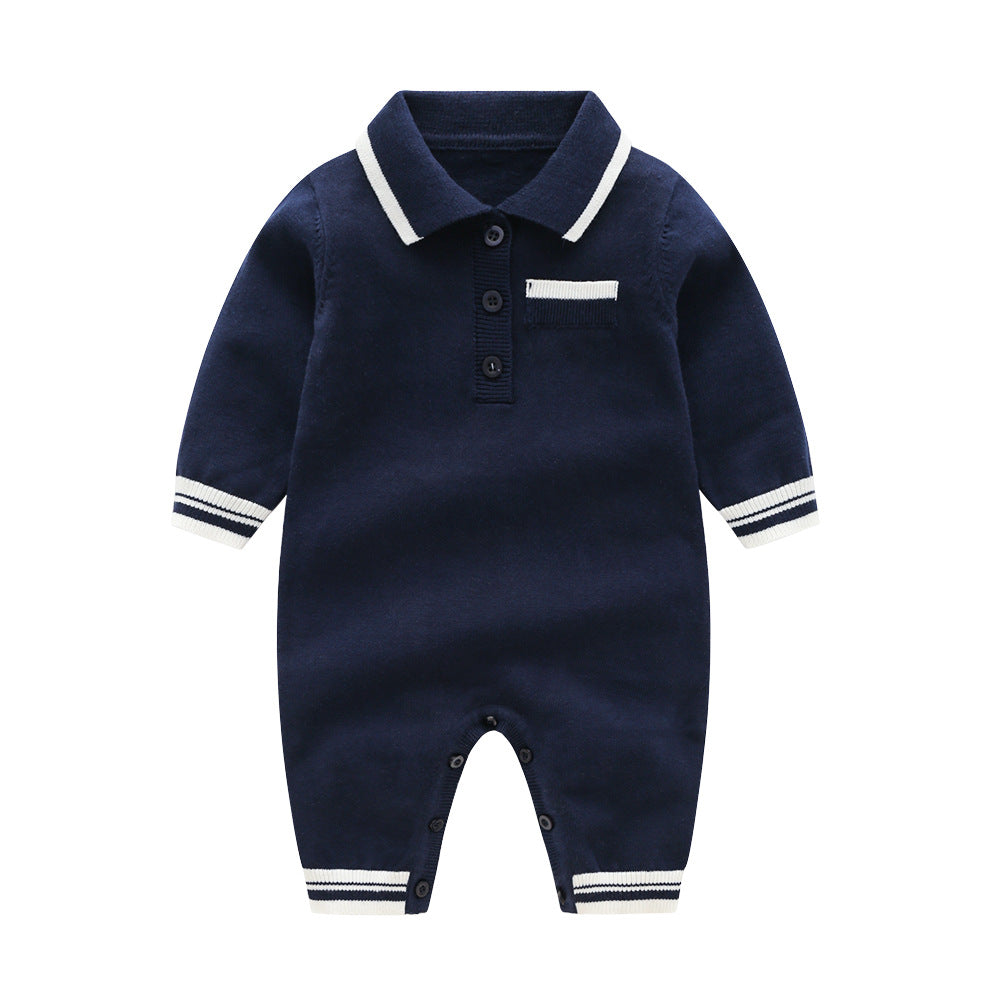 Baby Solid Color Quarter Button Design Lapel Knitted College Style Rompers-3