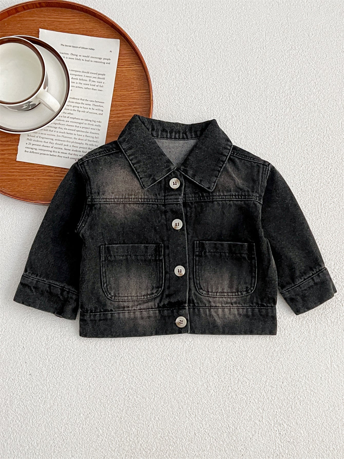 Baby Kids Button Front Design Washed Style Turndown Collar Denim Jacket Coat-2