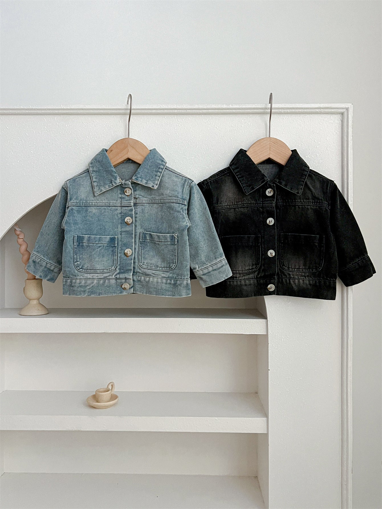 Baby Kids Button Front Design Washed Style Turndown Collar Denim Jacket Coat-0